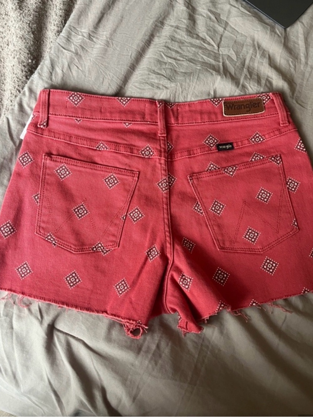 Wrangler Women's Coral Red Bandana Print Cutoff Denim Shorts